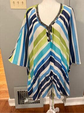 Lane Bryant Striped Embellished Caftan Tunic Cover Up Plus 26/28 Resort Beach
